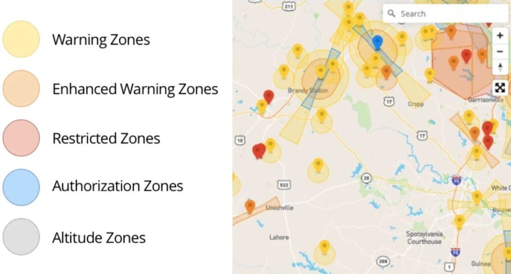 Hartă cu zone restricționate de zbor DJI