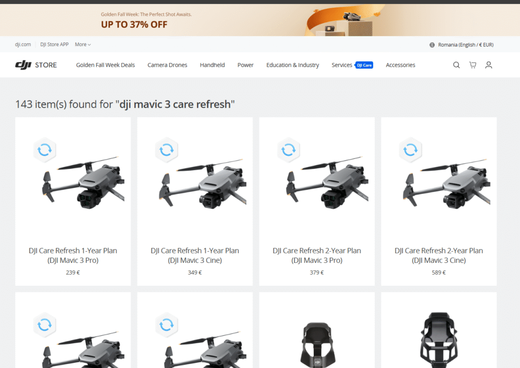 Pagina DJI Store cu planurile DJI Care Refresh disponibile pentru Mavic 3 