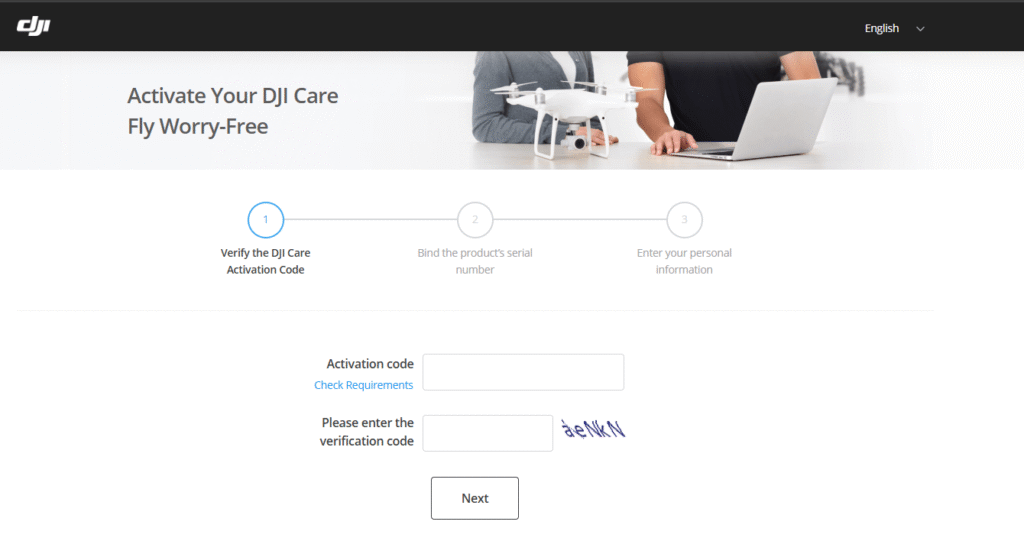 Formular de activare DJI Care Refresh cu introducerea codului de activare și seriei dronei 