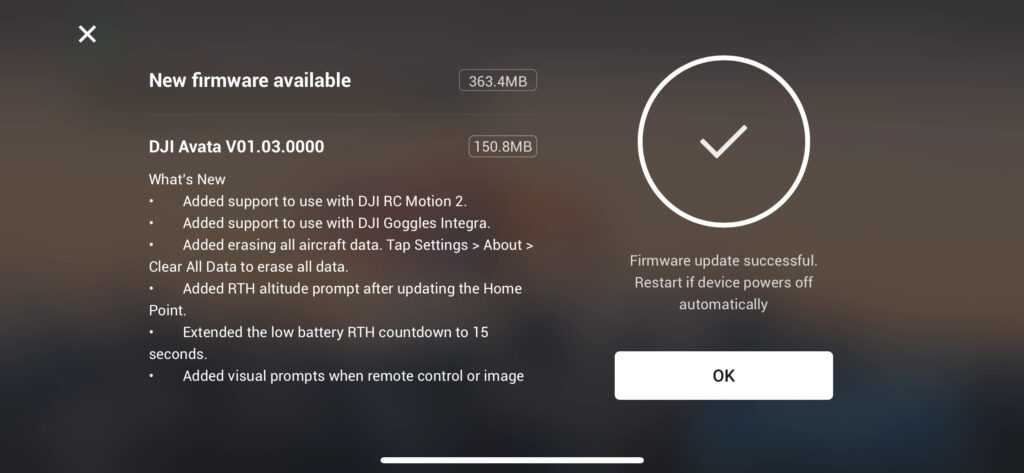 Actualizare firmware DJI Avata finalizată cu succes