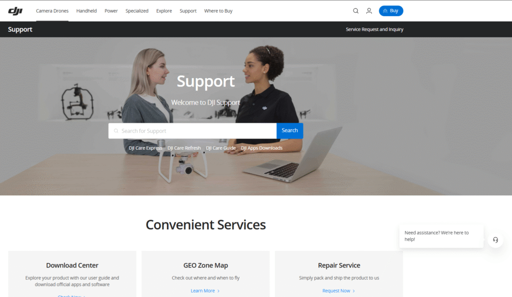 Pagina oficială DJI Support cu opțiuni pentru DJI Care Refresh și cereri de service 